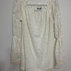 Cream Lace Off-Shoulder Peasant Blouse with Fringe - Size S/M